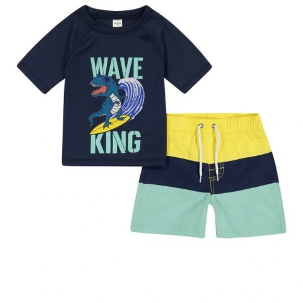 Oshkosh Kids 'Wave King' Navy Rash Guard Swim Set with Yellow & Aqua Shorts